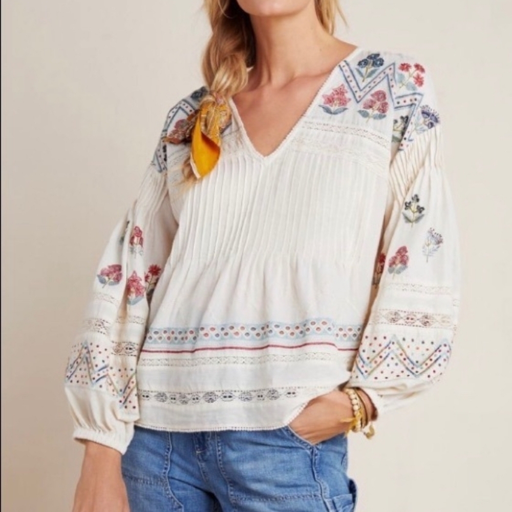 By Anthropologie Kayla Top Small Boho Peasant Lace Embroidered Puff Sleeve Shirt